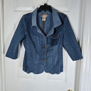 Reality Women's Denim Jacket Cropped 3/4 Sleeve Button‎ Front Casual Blue